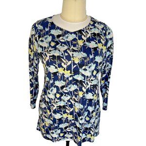 J. Jill Women's XL Tunic Top Navy with Light Blue and Yellow Floral Ballet Neck